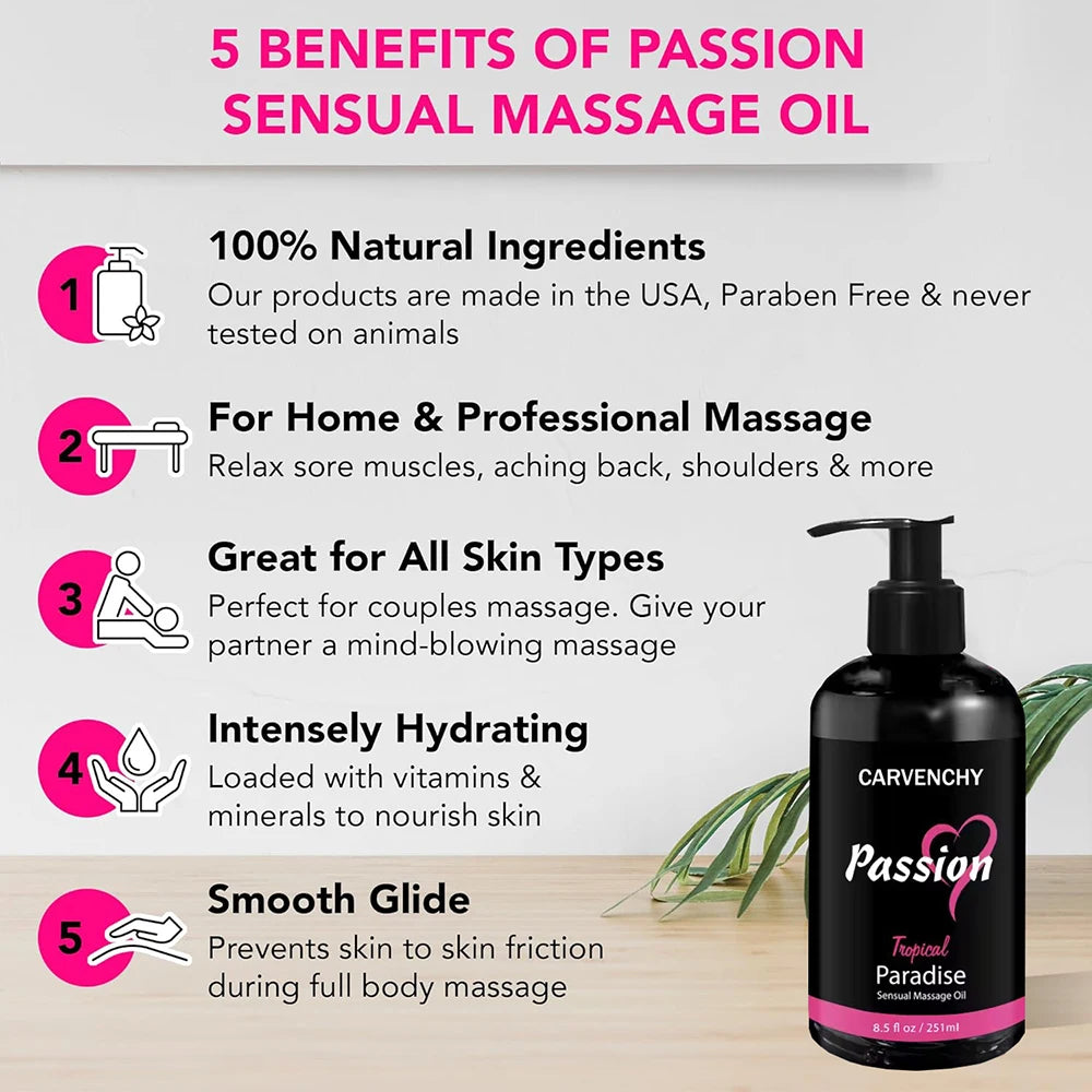8.5 OZ Passion Sensual Jojoba Oil Natural Body Massage Oil for Couples Relaxing Perfect Glide & Smooth Skin, Tropical Paradise