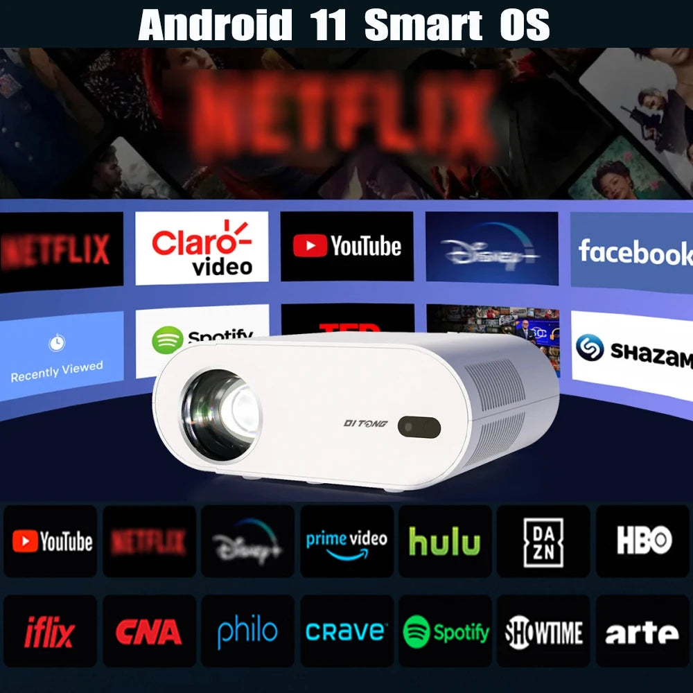 DITONG Projector 4K Android with Dual WiFi 6 and Bluetooth Auto Keystone Auto Focus Home Theatre HD Native 1080P Outdoor Movie