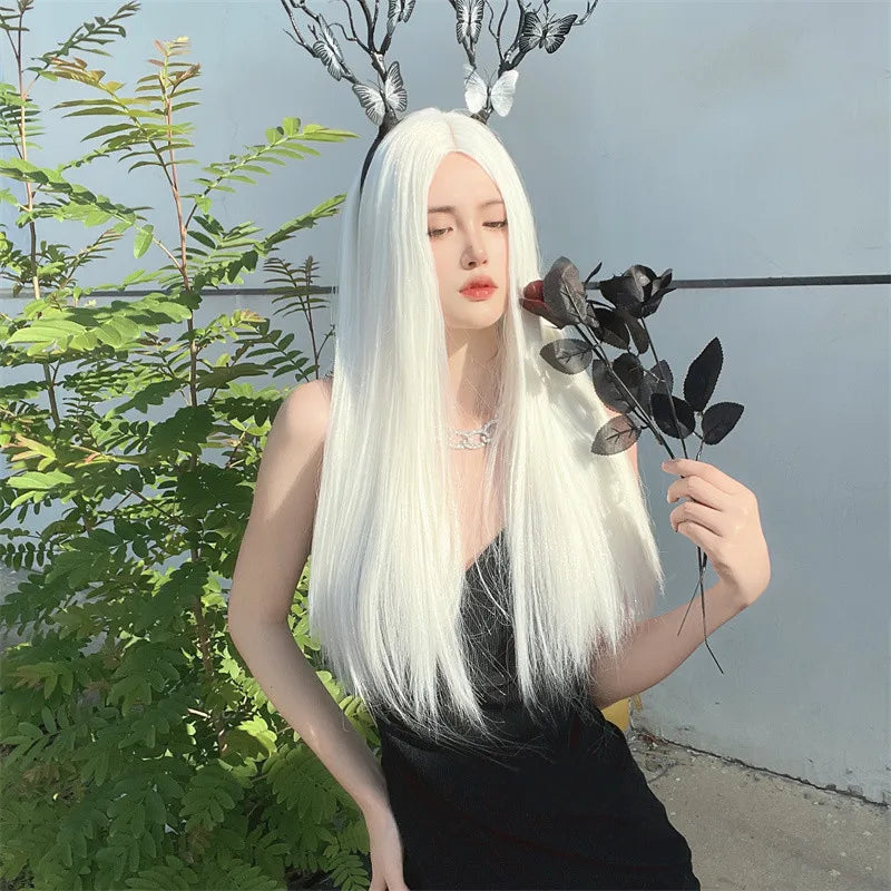 Wig for Women European and American White Long Straight Hair Synthetic Material Chemical Fiber Headgear Medium Hair Lolita Wig