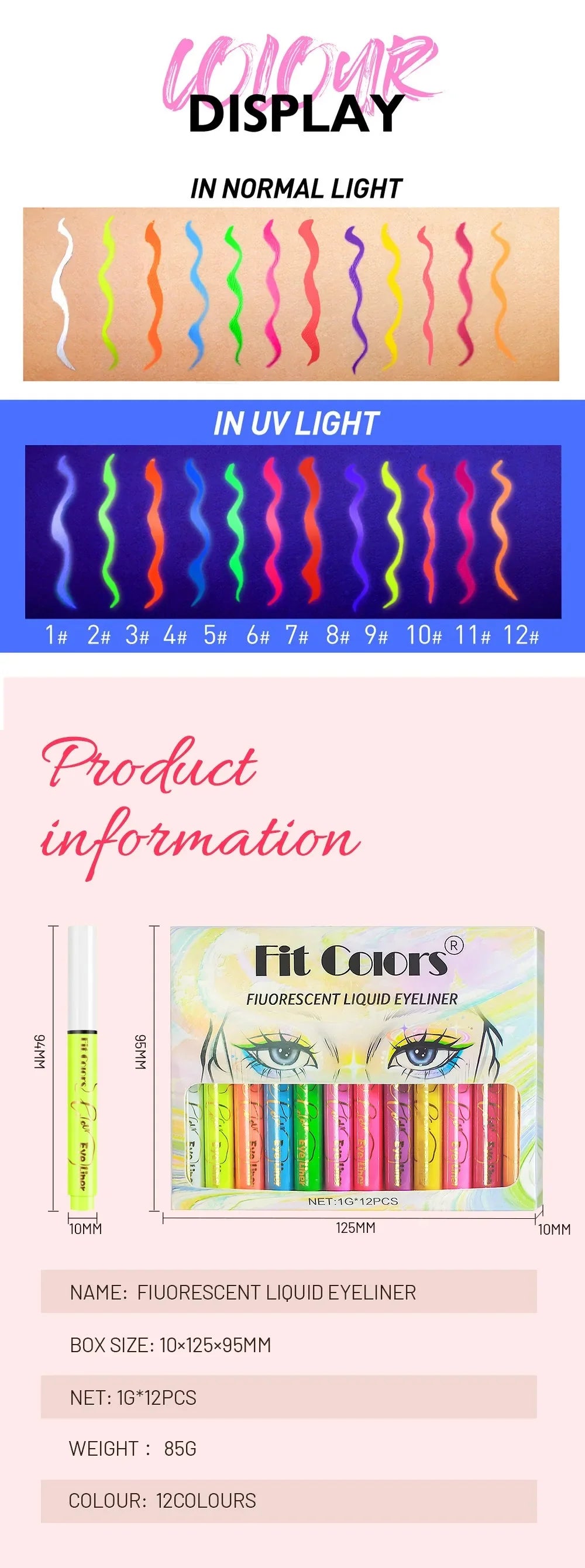12Colors Liquid Eyeliner Neon Colored Halloween Liner Eyeliner Pen Waterproof UV Blacklight Fluorescent Face Body Paint Makeup