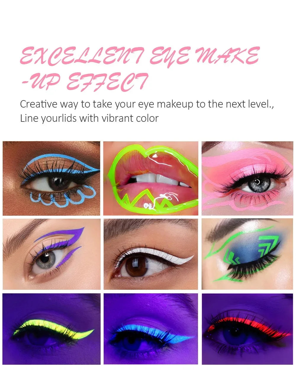 12Colors Liquid Eyeliner Neon Colored Halloween Liner Eyeliner Pen Waterproof UV Blacklight Fluorescent Face Body Paint Makeup