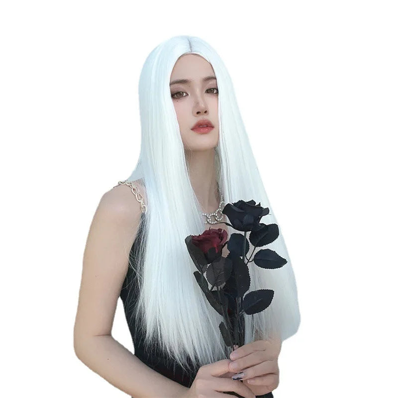 Wig for Women European and American White Long Straight Hair Synthetic Material Chemical Fiber Headgear Medium Hair Lolita Wig