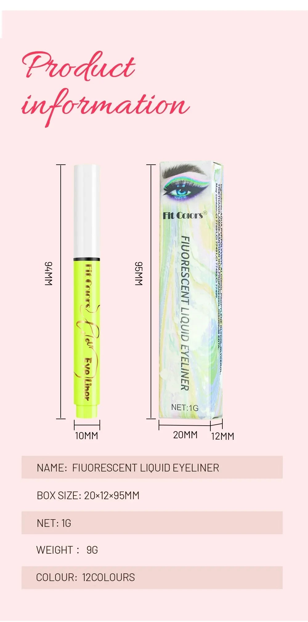 12Colors Liquid Eyeliner Neon Colored Halloween Liner Eyeliner Pen Waterproof UV Blacklight Fluorescent Face Body Paint Makeup