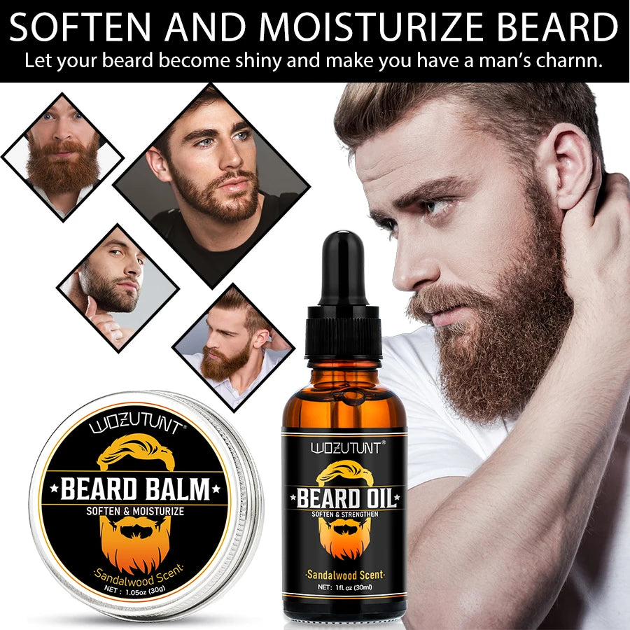 100% Natural Sandalwood Scent 30ml Beard Oil and 30g Balm Soften Strengthen Moisturize Men Beard Grooming Care Product