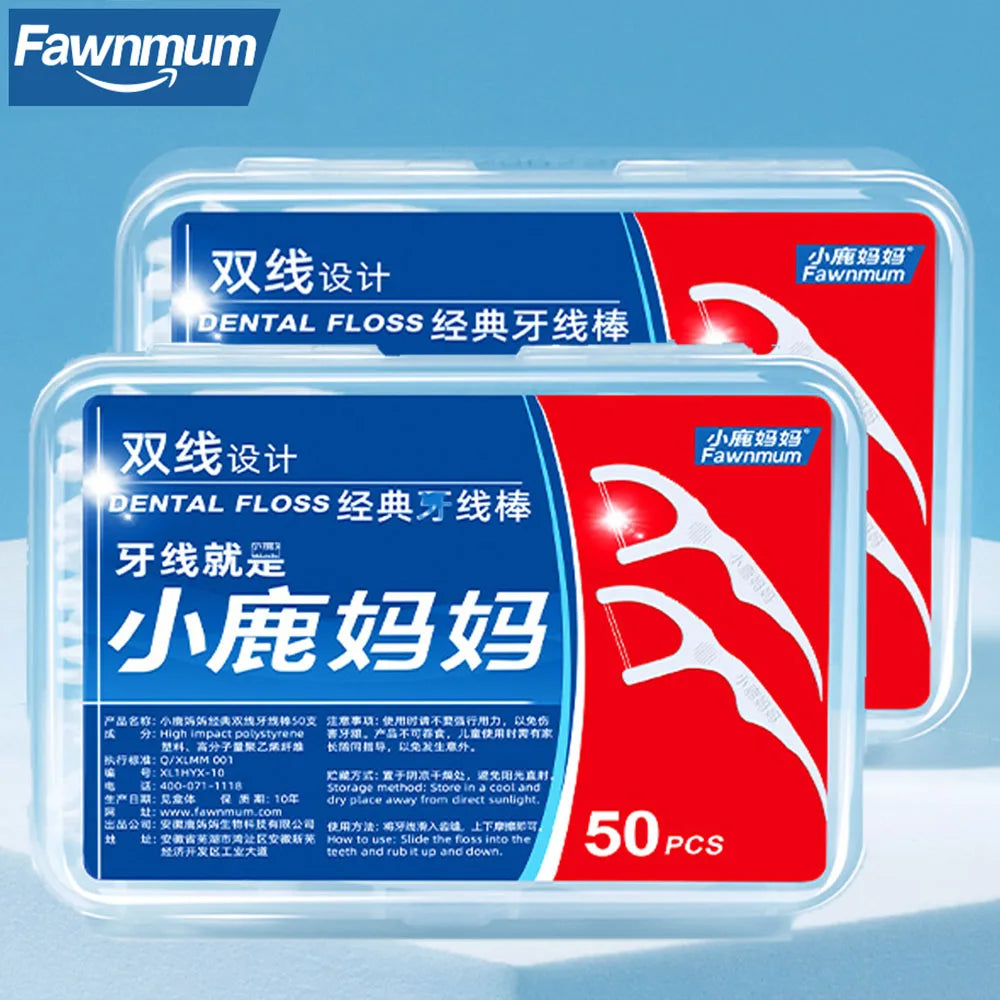 Fawnmum 50/100pcs Double Line Dental Floss Toothpicks Fresh Breath Dental Flosser Disposable Floss Stick For Oral Care