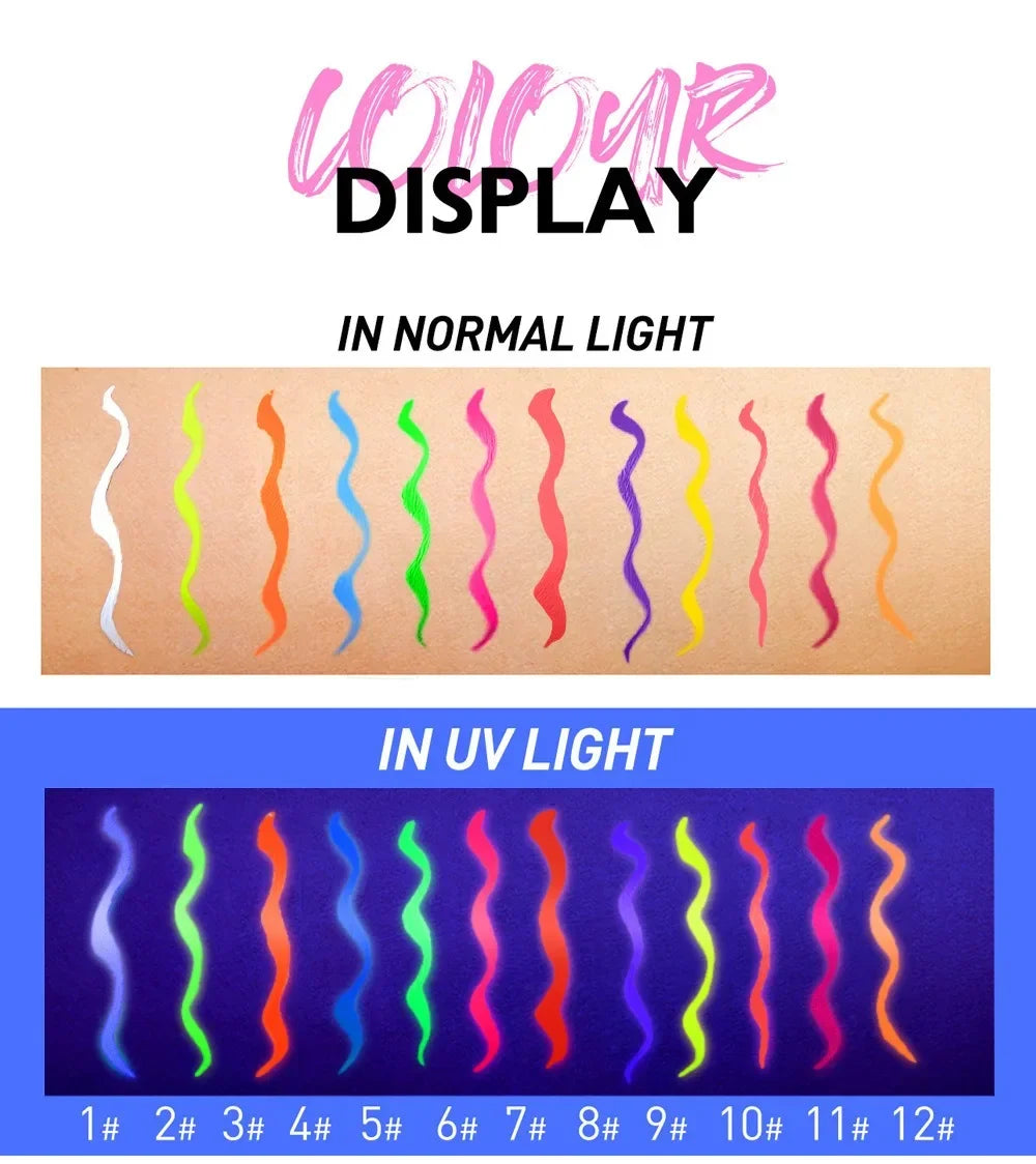 12Colors Liquid Eyeliner Neon Colored Halloween Liner Eyeliner Pen Waterproof UV Blacklight Fluorescent Face Body Paint Makeup