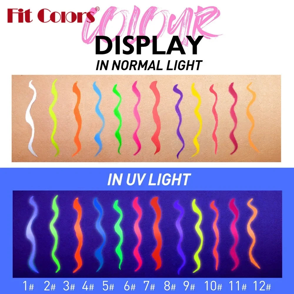 12Colors Liquid Eyeliner Neon Colored Halloween Liner Eyeliner Pen Waterproof UV Blacklight Fluorescent Face Body Paint Makeup