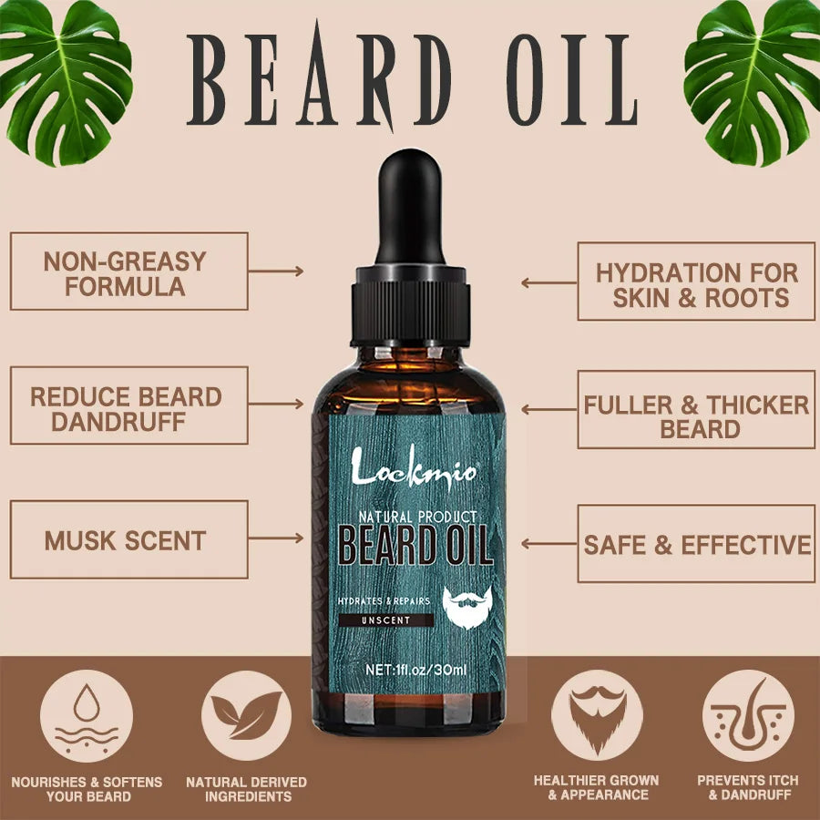 5pcs/set Beard Oil Balm for Men Beards Moisturizing Care Essential Oil for Promote Healthy Beards Growth Beard Styling Tool Kit