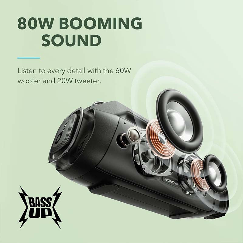 Soundcore Motion Boom Plus IP67 Portable Speaker, 80W Stereo Sound, Custom EQ & BassUp, Built-in Power Bank, Waterproof Bluetooth Speaker for Camping, Beach, and Backyard