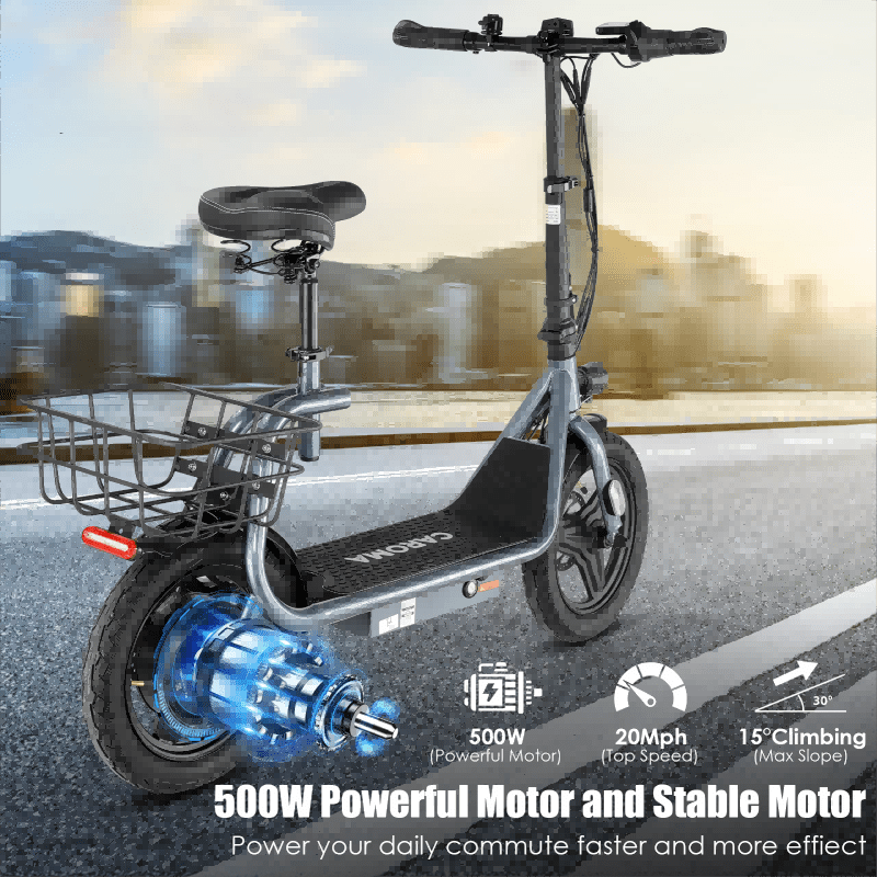CAROMA 500W Electric Scooter For Adults, 48V Battery, 25 Miles Long Range, 20MPH Top Speed, 3 Speed Modes, 300lbs Max Load, With Shock-Absorbing Seat & Removable Basket, Easy To Assemble, Portable Adult Commuter Scooter