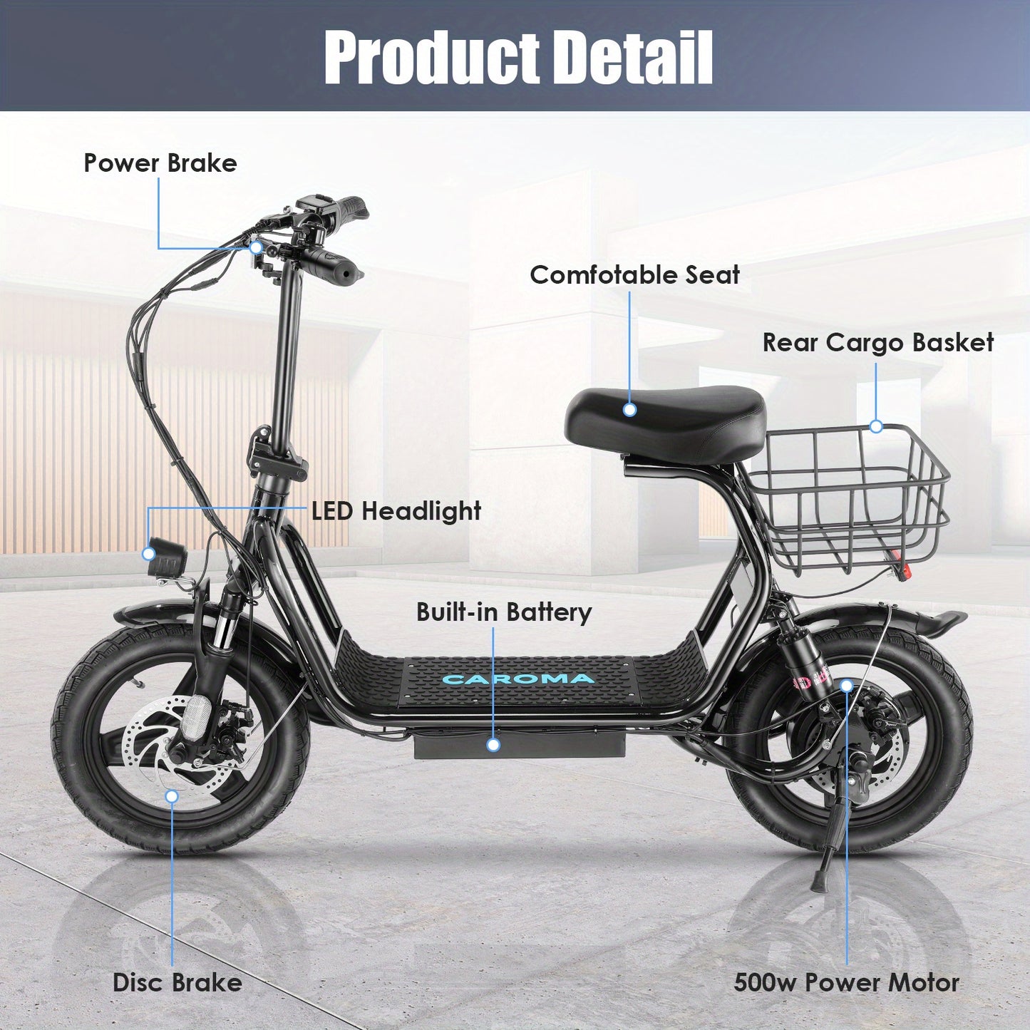 CAROMA 500W Electric Scooter For Adults, 48V Battery, 25 Miles Long Range, 20MPH Top Speed, 3 Speed Modes, 300lbs Max Load, With Shock-Absorbing Seat & Removable Basket, Easy To Assemble, Portable Adult Commuter Scooter