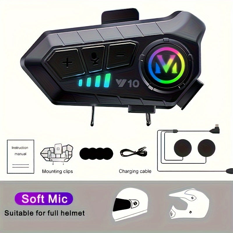 Y10 1000mAh Motorcycle Helmet Headset - Voice Control, Wireless, Hands-Free Calling & Music - For Motorcyclists - Bluetooth Headset - Perfect Gift for Riders