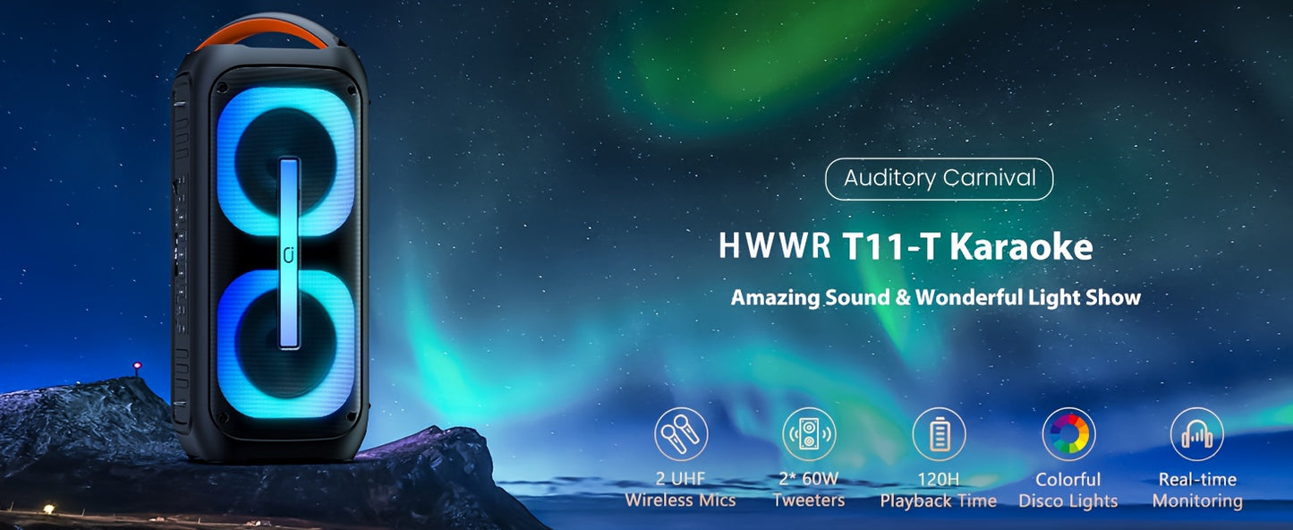 T11-T Bluetooth Karaoke Machine with 2 Wireless Microphones, Beat Light Show, and AUX Input for Home Parties