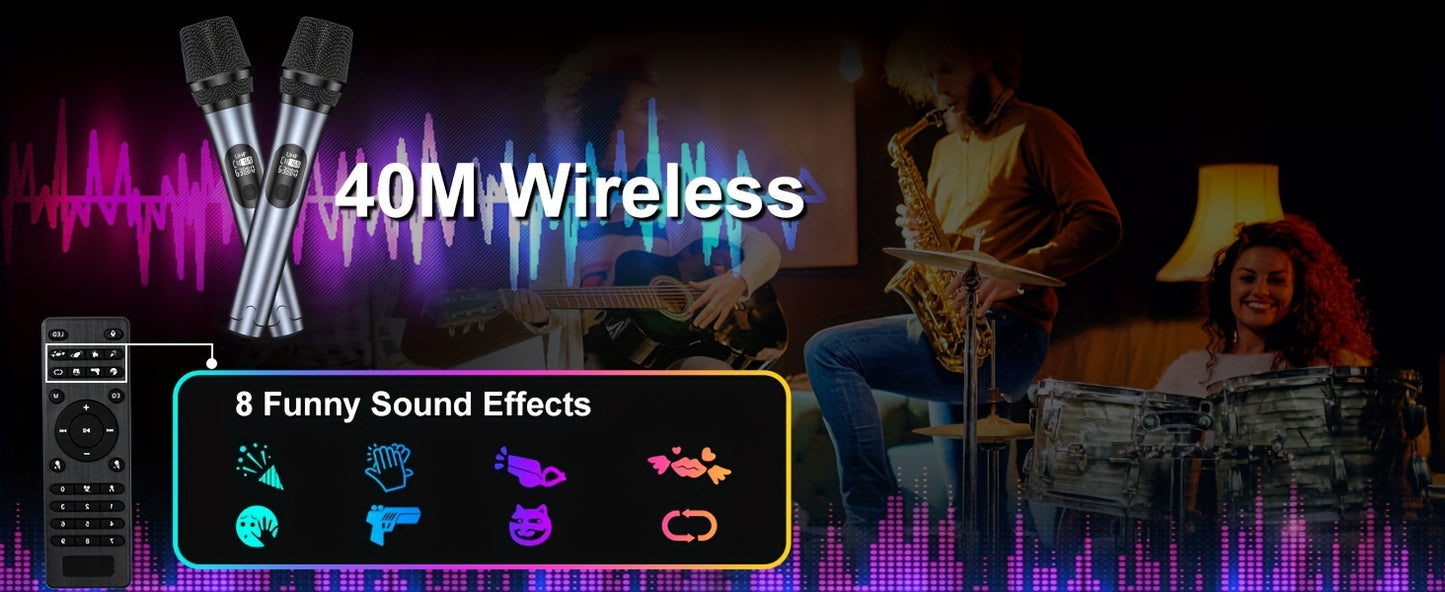 T11-T Bluetooth Karaoke Machine with 2 Wireless Microphones, Beat Light Show, and AUX Input for Home Parties