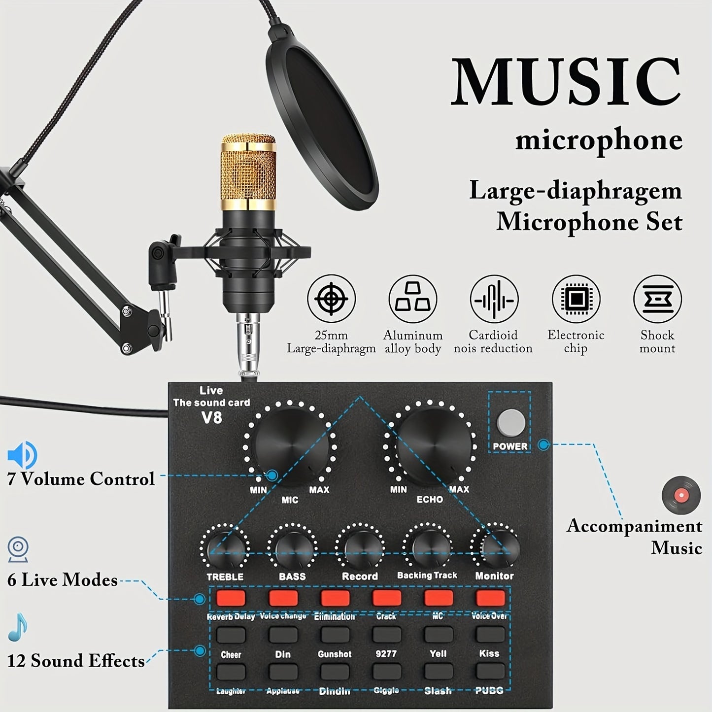 V8 Sound Card Live Broadcast Equipment Set, Influencer Singing Game Dubbing Recording Recording Capacitive Microphone, Noise Reduction Microphone Mobile Phone Computer Universal Eid Al-Adha Mubarak