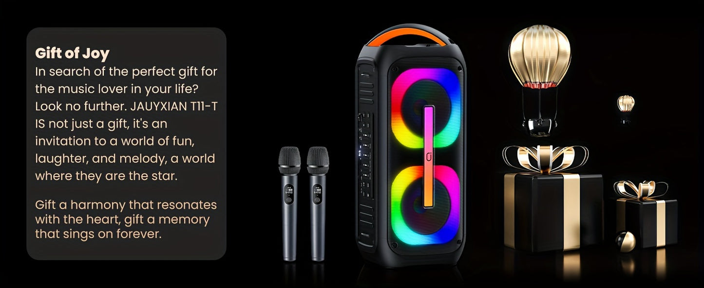 T11-T Bluetooth Karaoke Machine with 2 Wireless Microphones, Beat Light Show, and AUX Input for Home Parties