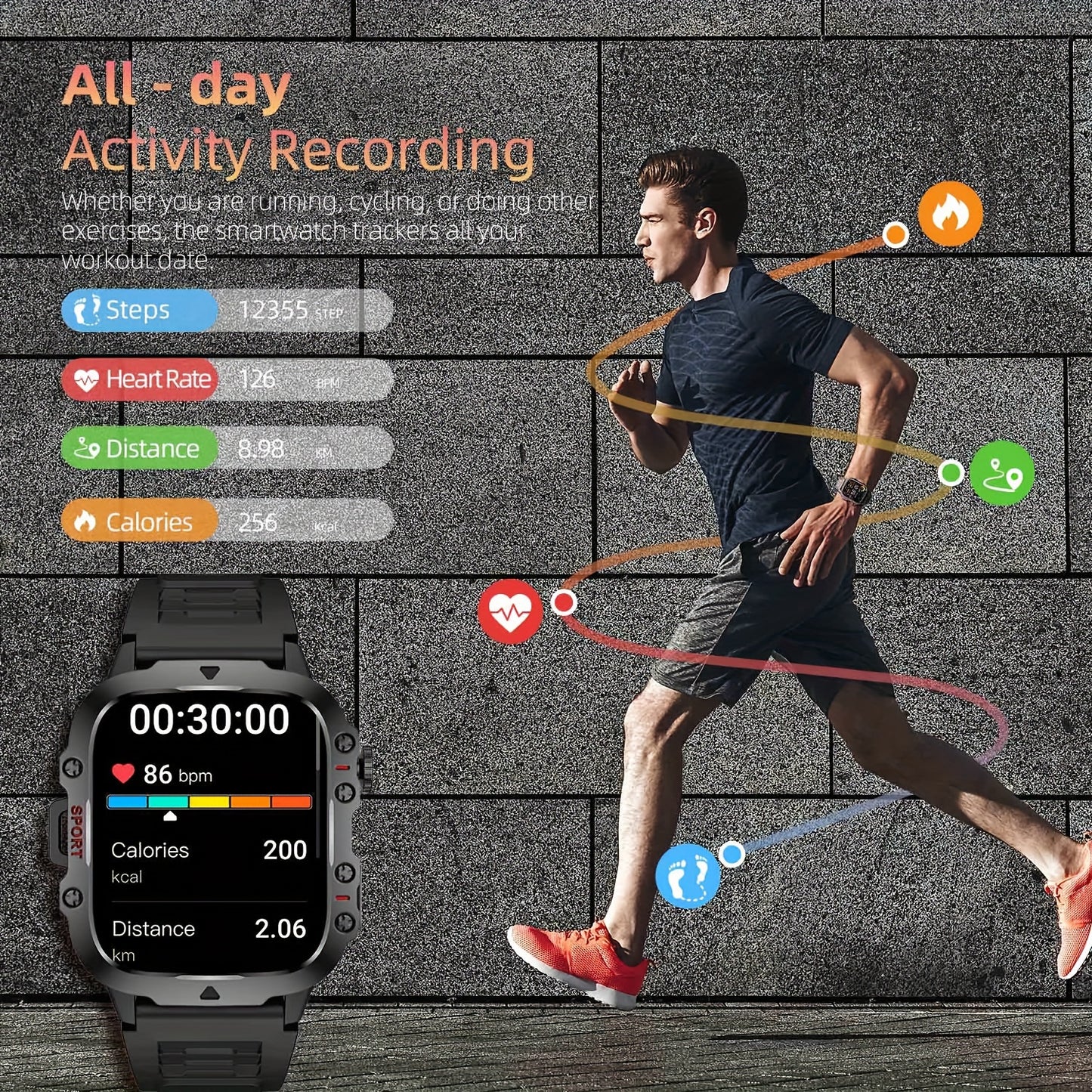 Tactical Outdoor Smartwatch (Answer/Make Calls), 1.96'' Smart Watch For IPhone And Android Phones, Waterproof Sport Watch With Lock-Screen/100+Sport Modes/Long Battery Life/Weather Forecast/Alarm Clock/ Good Gifts For Sportsm