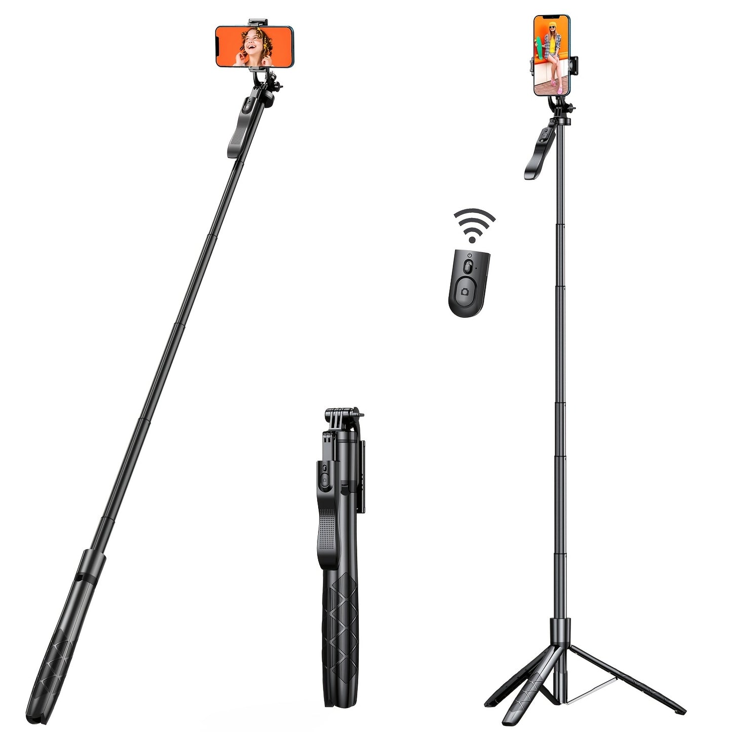 61" Selfie Stick Tripod, All In One Extendable Phone Tripod Stand With Wireless Remote 360° Rotation For IPhone And Android Phone Selfies, Video Recording, Vlogging, Live Streaming, Aluminum, black