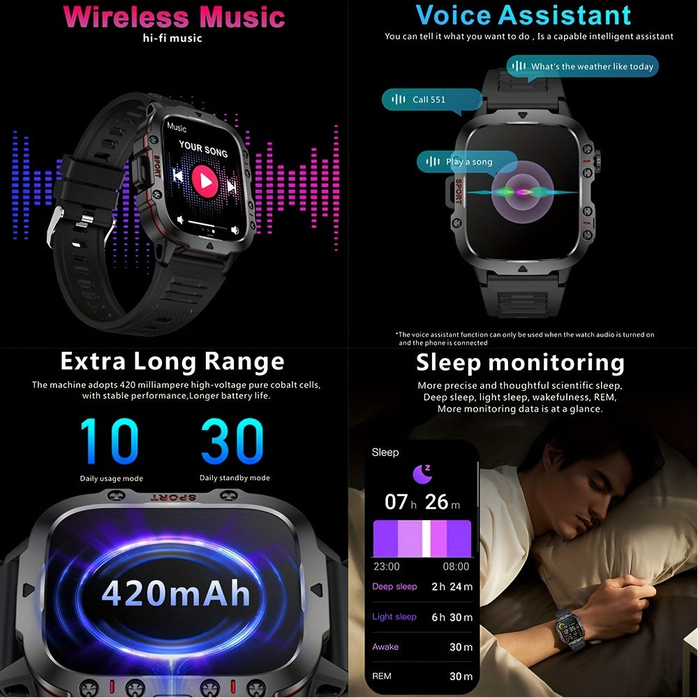 Tactical Outdoor Smartwatch (Answer/Make Calls), 1.96'' Smart Watch For IPhone And Android Phones, Waterproof Sport Watch With Lock-Screen/100+Sport Modes/Long Battery Life/Weather Forecast/Alarm Clock/ Good Gifts For Sportsm