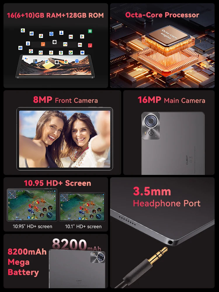 Cubot TAB 70, 2025 New Tablet Android 14, Octa-Core, 16GB RAM(6GB+10GB), 128GB ROM, 10.95" HD+ Screen, 8200mAh, GPS, Face ID