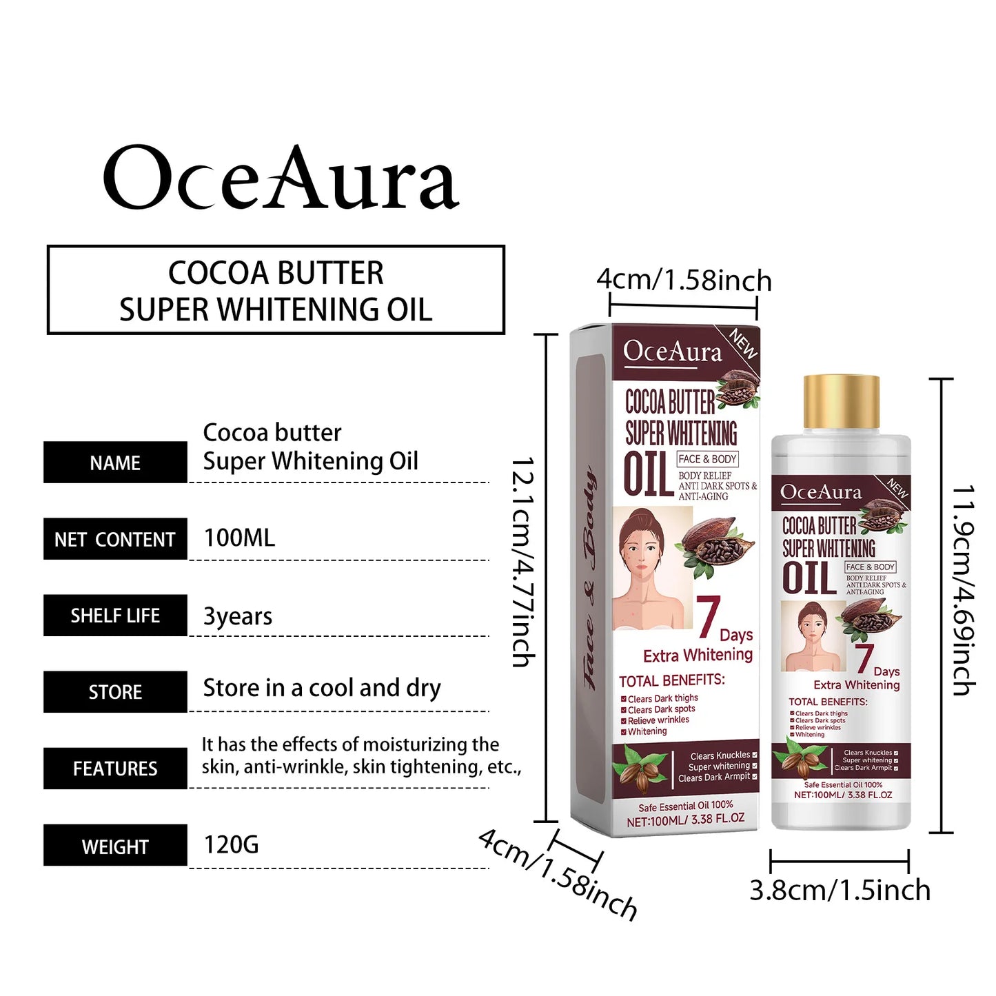 Body Whitening Oil 100ml Natural Organic Relaxing Muscle Hydrating SPA Aromatherapy Skin Brightening Smoothing Body Massage Oil