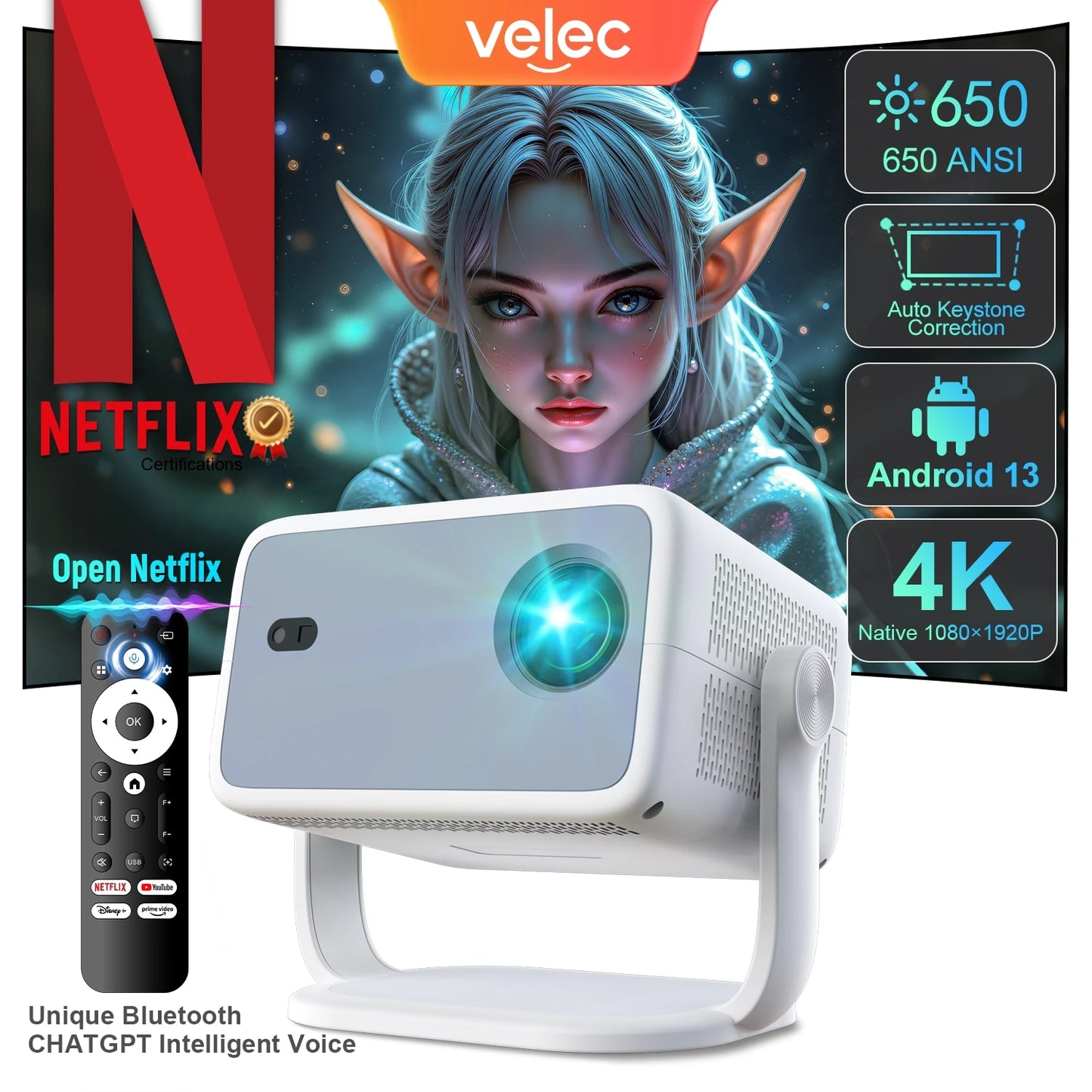 TP350 Netflix Certification Projector 4K Android 13 Native Wifi6 BT5.2 1080P 650ANSI Portable Projector Auto Keystone Correction