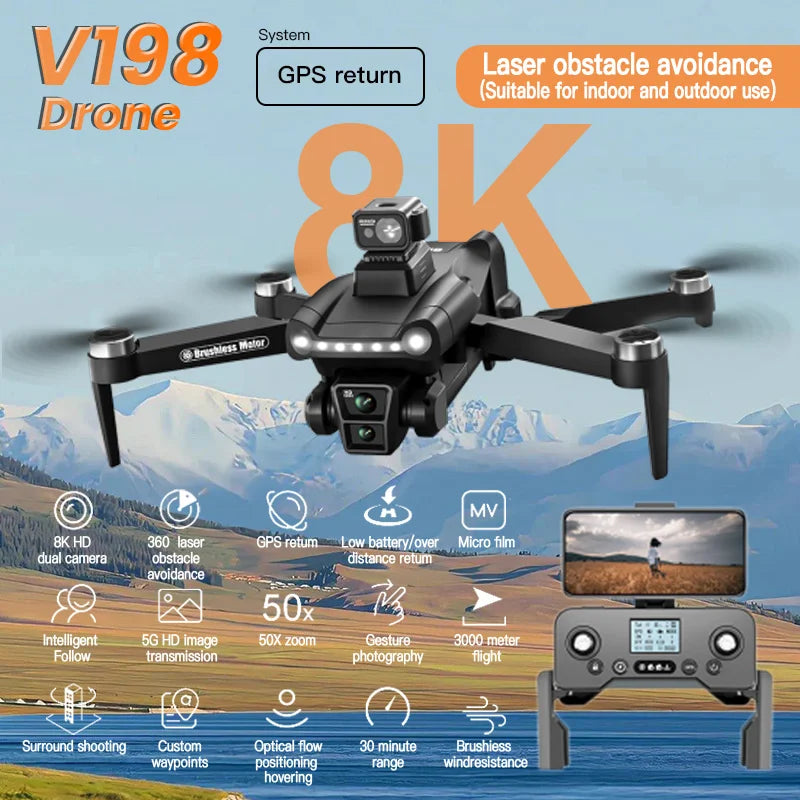 Original V198GPS Drone ESC 8K Profesional  Brushless Laser obstacle avoidance Aerial Optical Foldable Quadcopter Mini Dron New