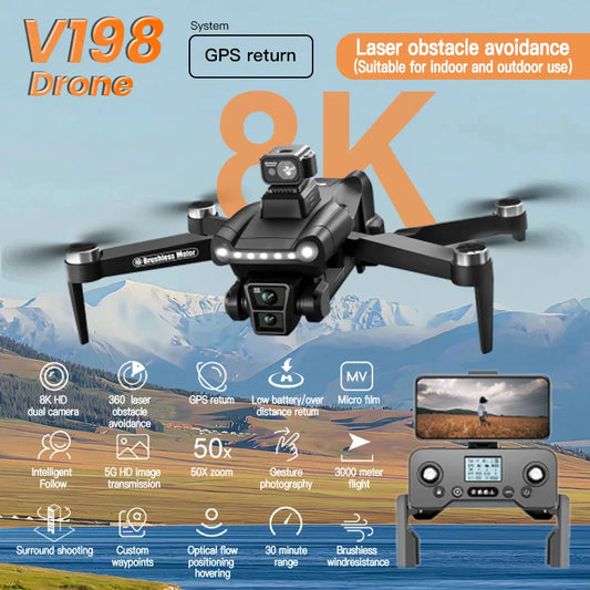Original V198GPS Drone ESC 8K Profesional  Brushless Laser obstacle avoidance Aerial Optical Foldable Quadcopter Mini Dron New