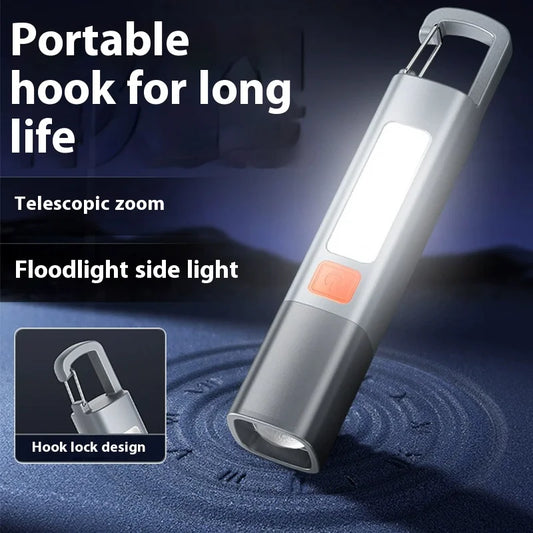 Strong Lighting ABS Flashlamp USB Charging Portable Outdoor Small Flashlight Camping Hanging Lamp Telescopic Focus COB Side Lamp