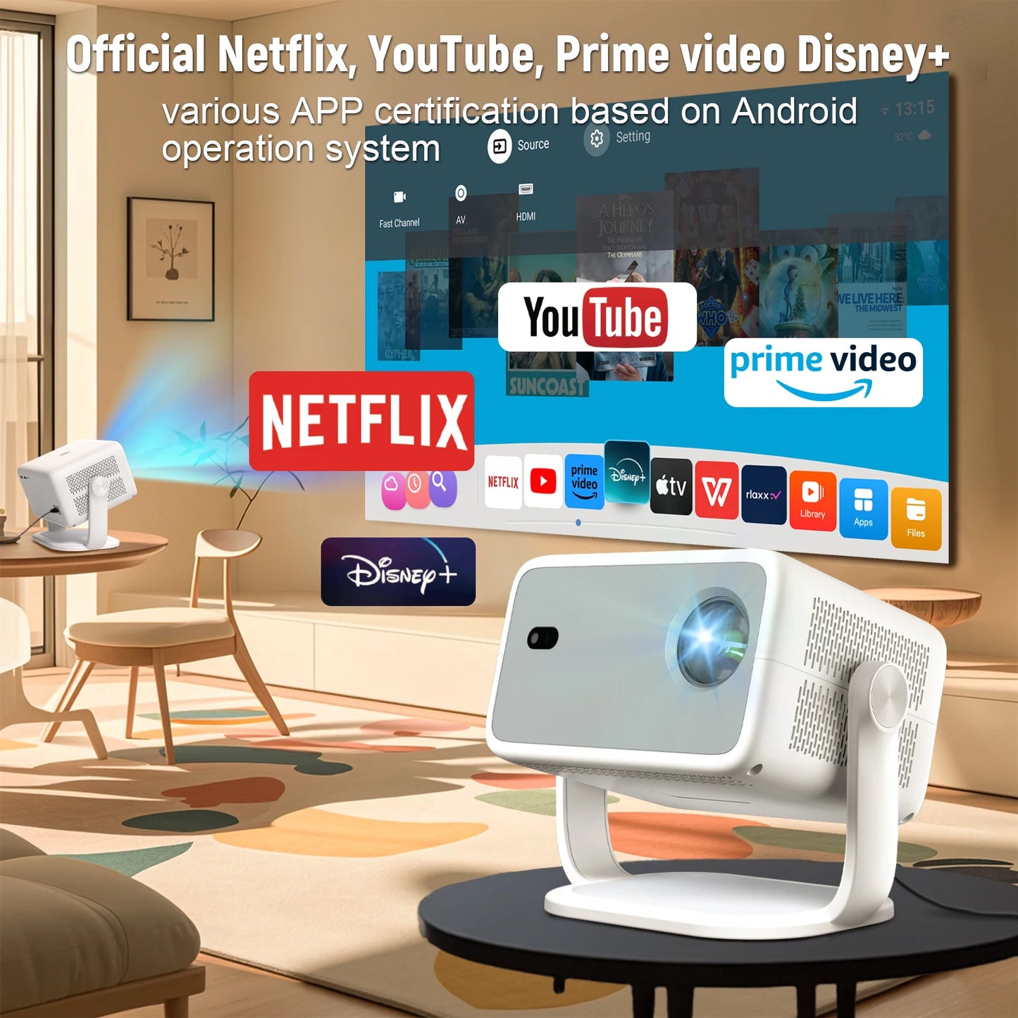 TP350 Netflix Certification Projector 4K Android 13 Native Wifi6 BT5.2 1080P 650ANSI Portable Projector Auto Keystone Correction