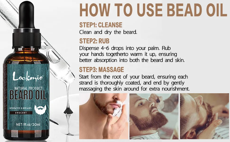 5pcs/set Beard Oil Balm for Men Beards Moisturizing Care Essential Oil for Promote Healthy Beards Growth Beard Styling Tool Kit