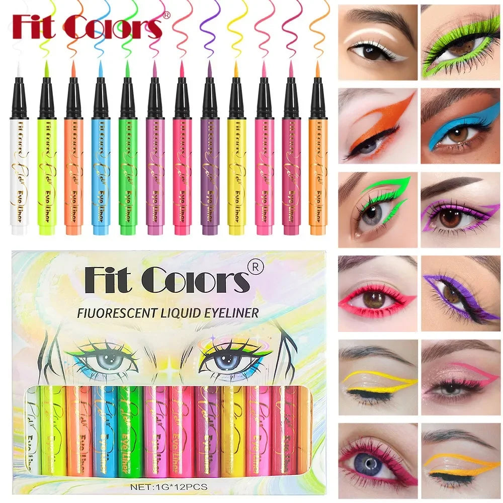 12Colors Liquid Eyeliner Neon Colored Halloween Liner Eyeliner Pen Waterproof UV Blacklight Fluorescent Face Body Paint Makeup