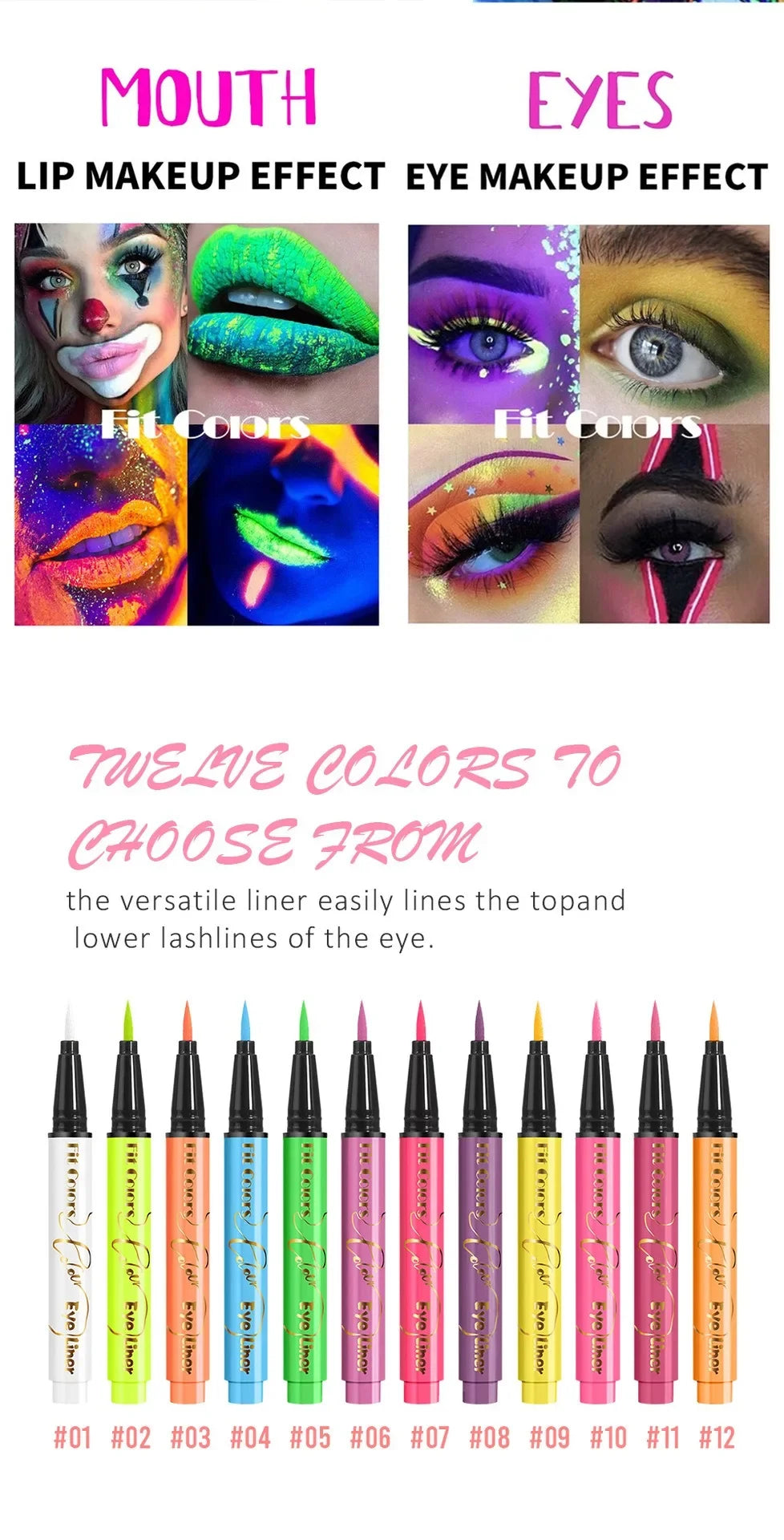 12Colors Liquid Eyeliner Neon Colored Halloween Liner Eyeliner Pen Waterproof UV Blacklight Fluorescent Face Body Paint Makeup