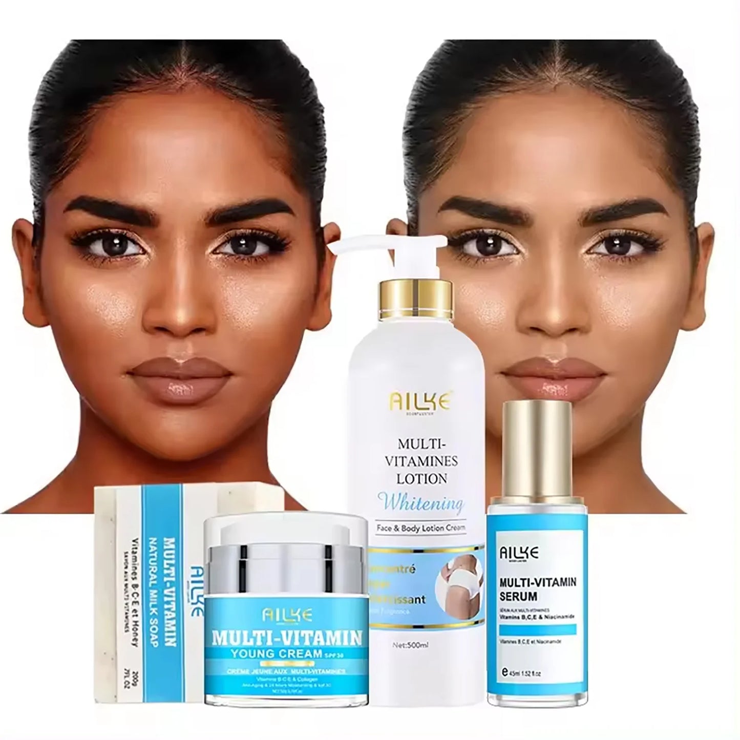 AILKE Multi-Vitamin Lightening Skin Set, Reduce Blemish, Absorbs Quickly Moisturizes with Vitamins B/C/E, Rejuvenates Skin