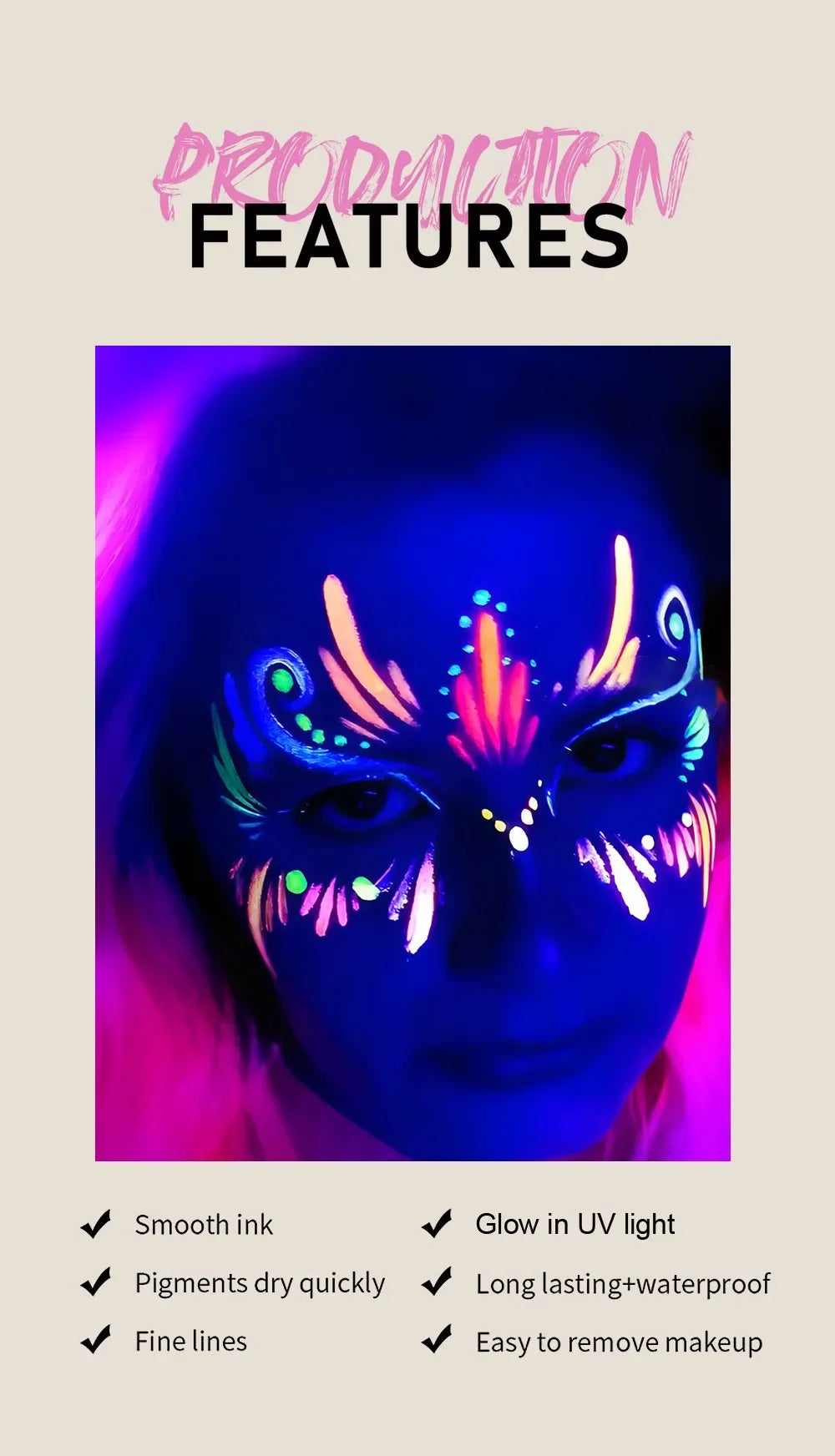 12Colors Liquid Eyeliner Neon Colored Halloween Liner Eyeliner Pen Waterproof UV Blacklight Fluorescent Face Body Paint Makeup