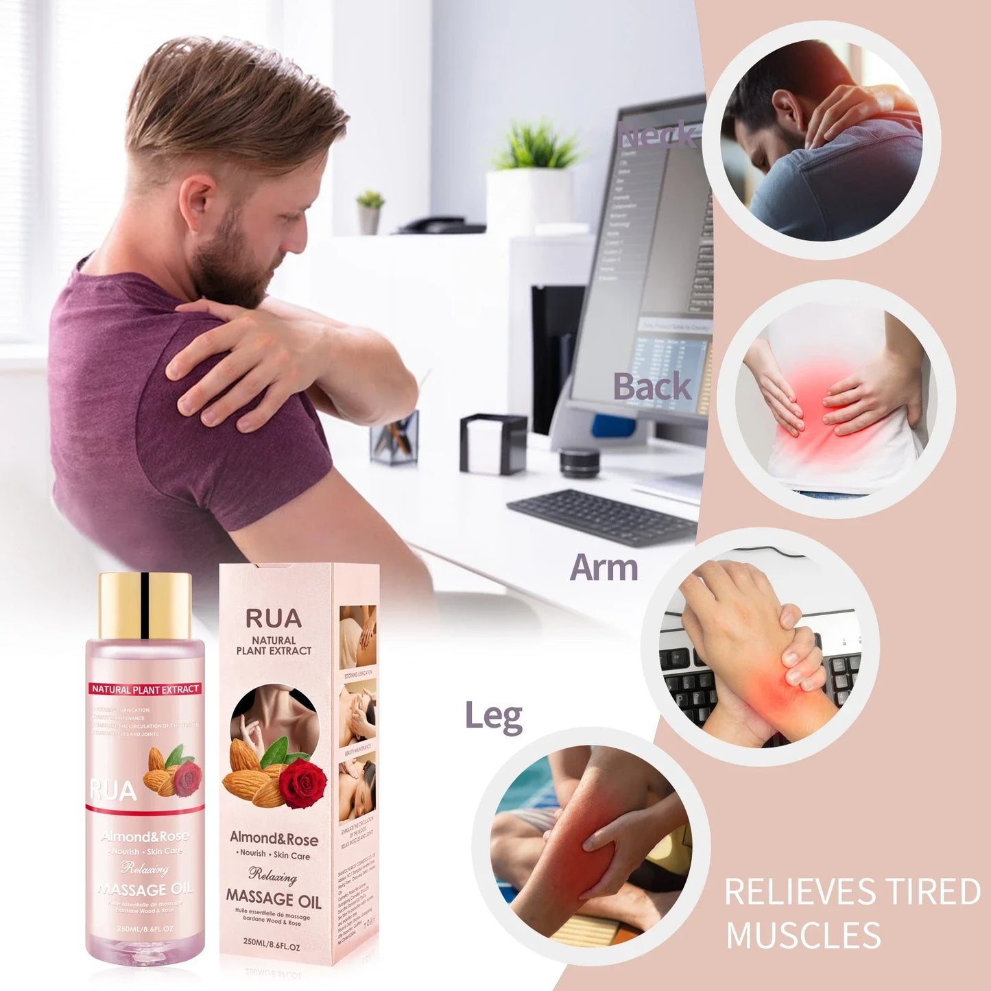 Massage Oil for Relaxing, Massage Oil for Joint Almond and Rose Massage Oils Moisturizing Body Oil for Men and Women 8.6 Fl.oz