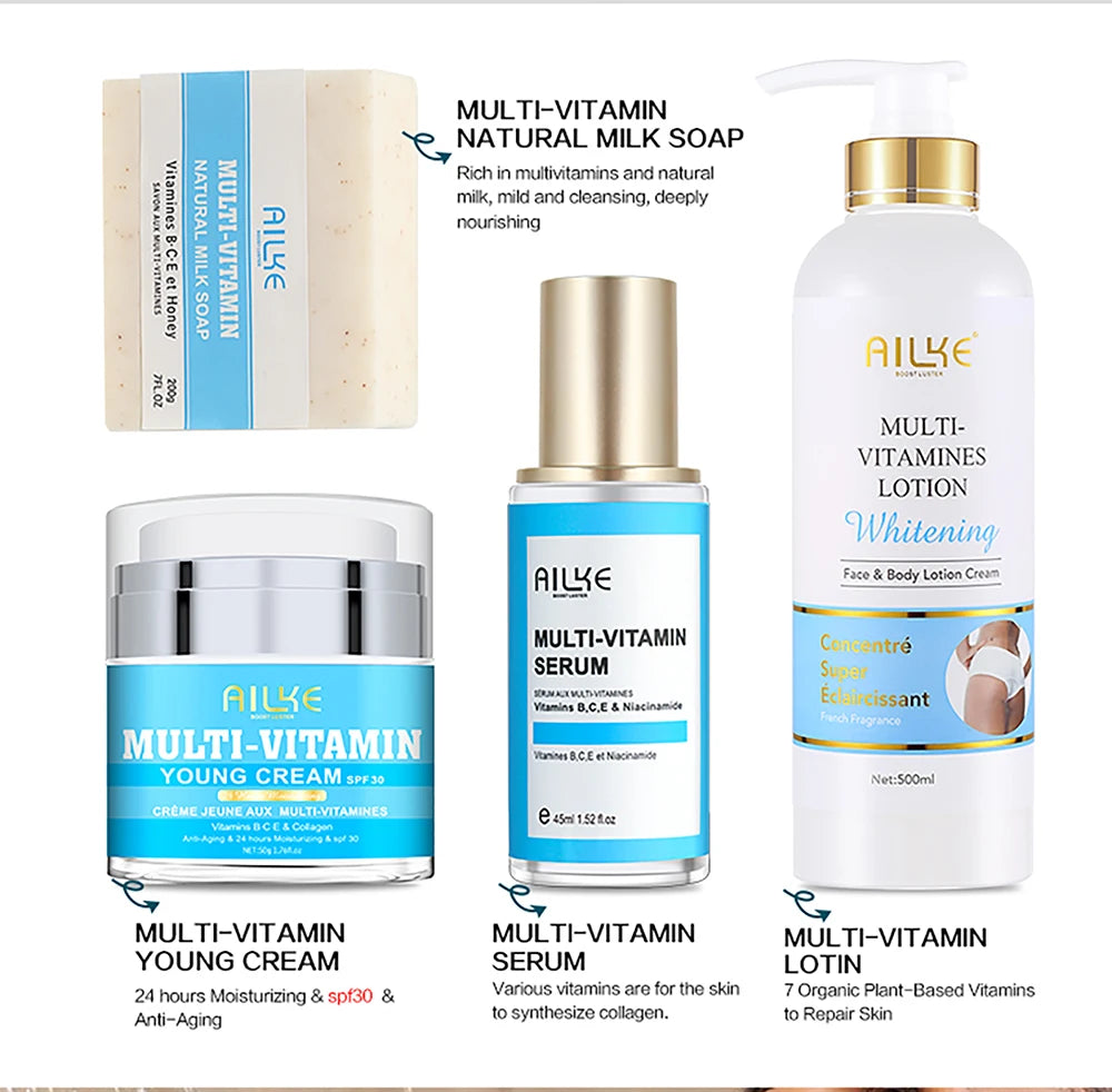 AILKE Multi-Vitamin Lightening Skin Set, Reduce Blemish, Absorbs Quickly Moisturizes with Vitamins B/C/E, Rejuvenates Skin