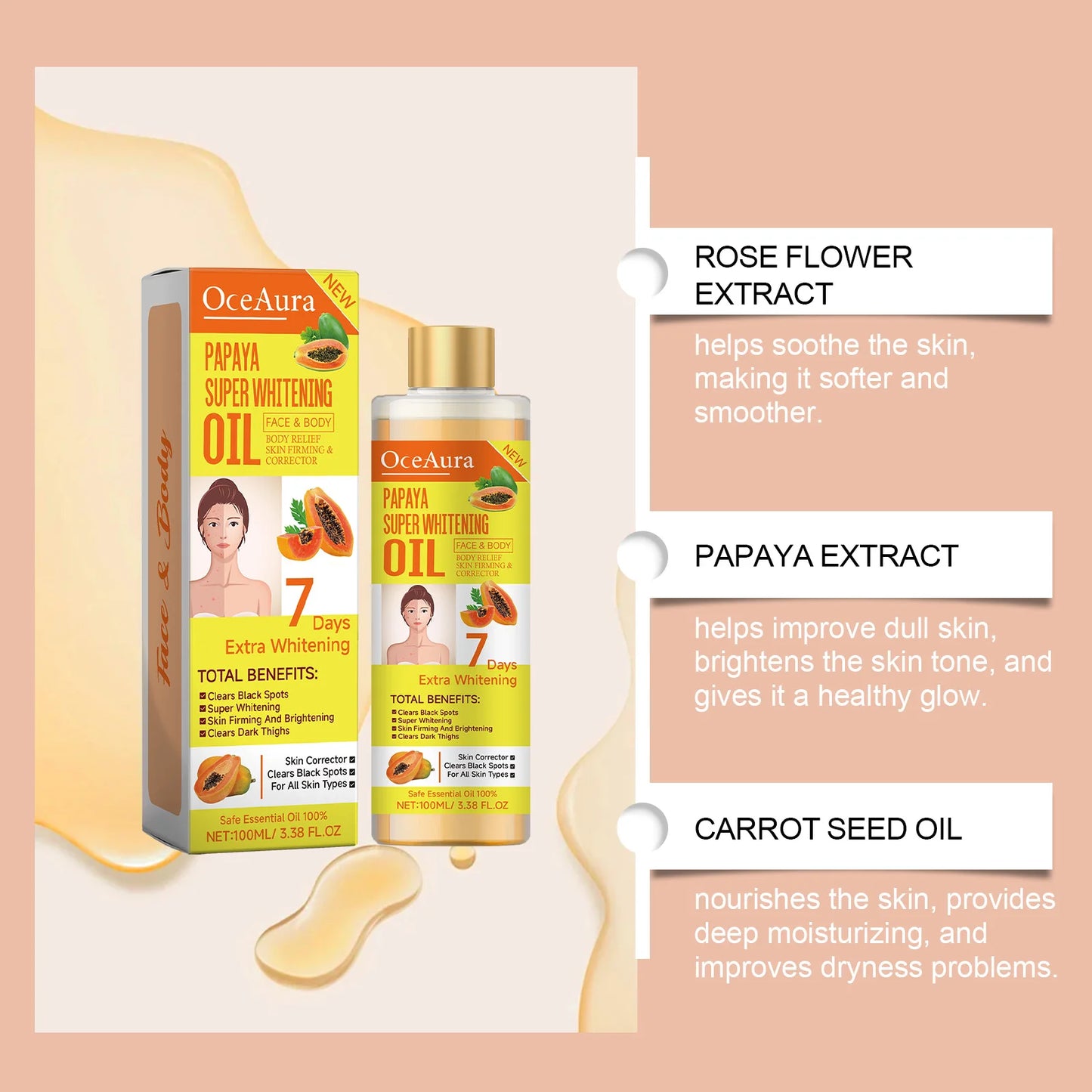 Body Whitening Oil 100ml Natural Organic Relaxing Muscle Hydrating SPA Aromatherapy Skin Brightening Smoothing Body Massage Oil