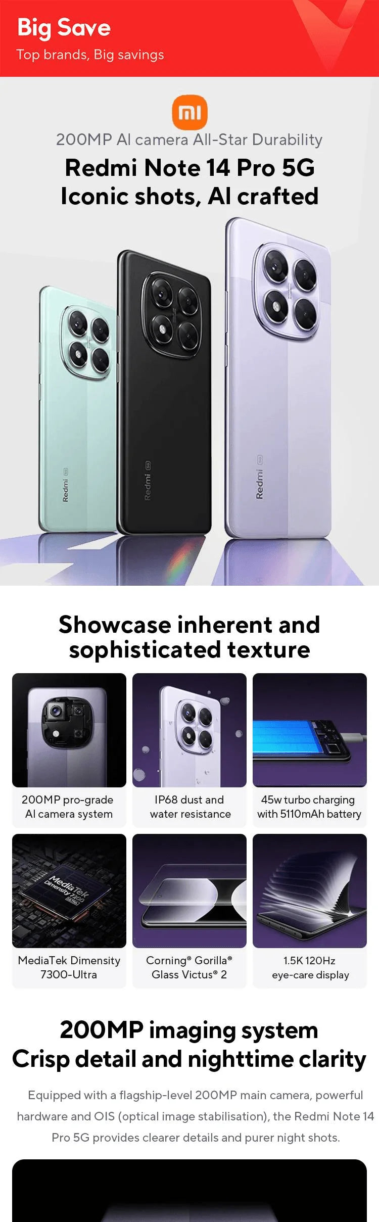 World Premiere Redmi Note 14 Pro 5G Global Version Smartphone Dimensity 7300-Ultra NFC 200MP Camera 1.5K 120Hz AMOLED Display