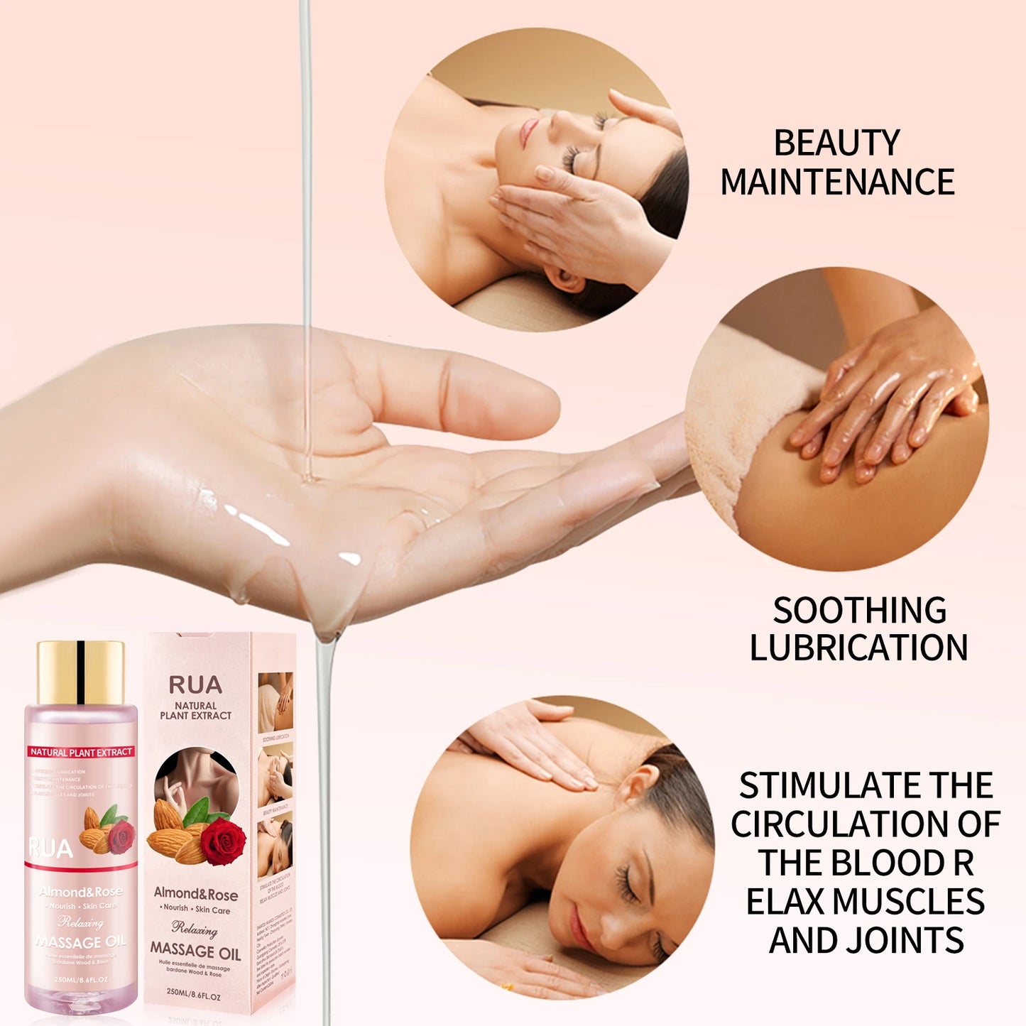 Massage Oil for Relaxing, Massage Oil for Joint Almond and Rose Massage Oils Moisturizing Body Oil for Men and Women 8.6 Fl.oz