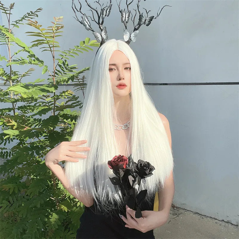 Wig for Women European and American White Long Straight Hair Synthetic Material Chemical Fiber Headgear Medium Hair Lolita Wig