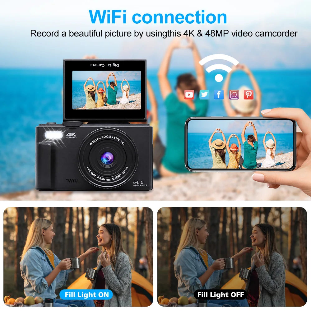 Digital Camera 4K 48MP 3.0 Inch Rotatable Screen 18X Digital Zoom WiFi Video Camcorder Vlog Recorder YouTub Webcam Cameras