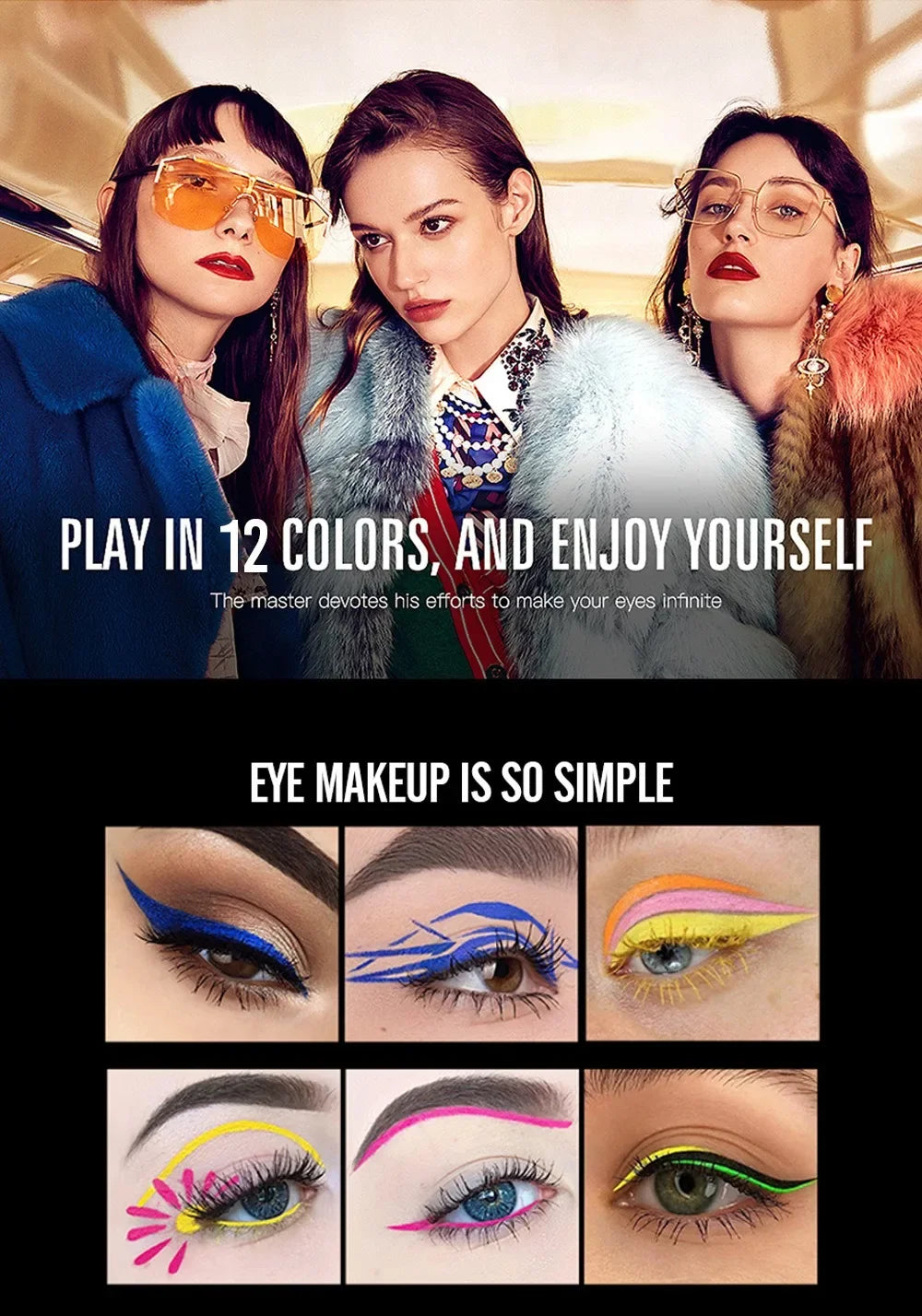 12Colors Liquid Eyeliner Neon Colored Halloween Liner Eyeliner Pen Waterproof UV Blacklight Fluorescent Face Body Paint Makeup