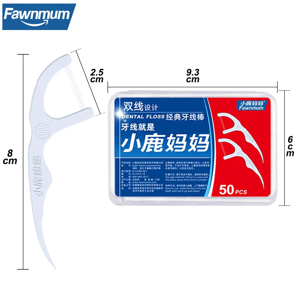 Fawnmum 50/100pcs Double Line Dental Floss Toothpicks Fresh Breath Dental Flosser Disposable Floss Stick For Oral Care