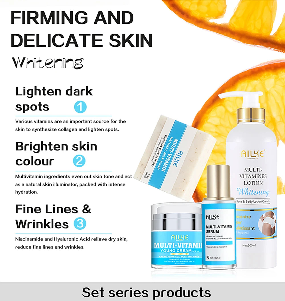 AILKE Multi-Vitamin Lightening Skin Set, Reduce Blemish, Absorbs Quickly Moisturizes with Vitamins B/C/E, Rejuvenates Skin