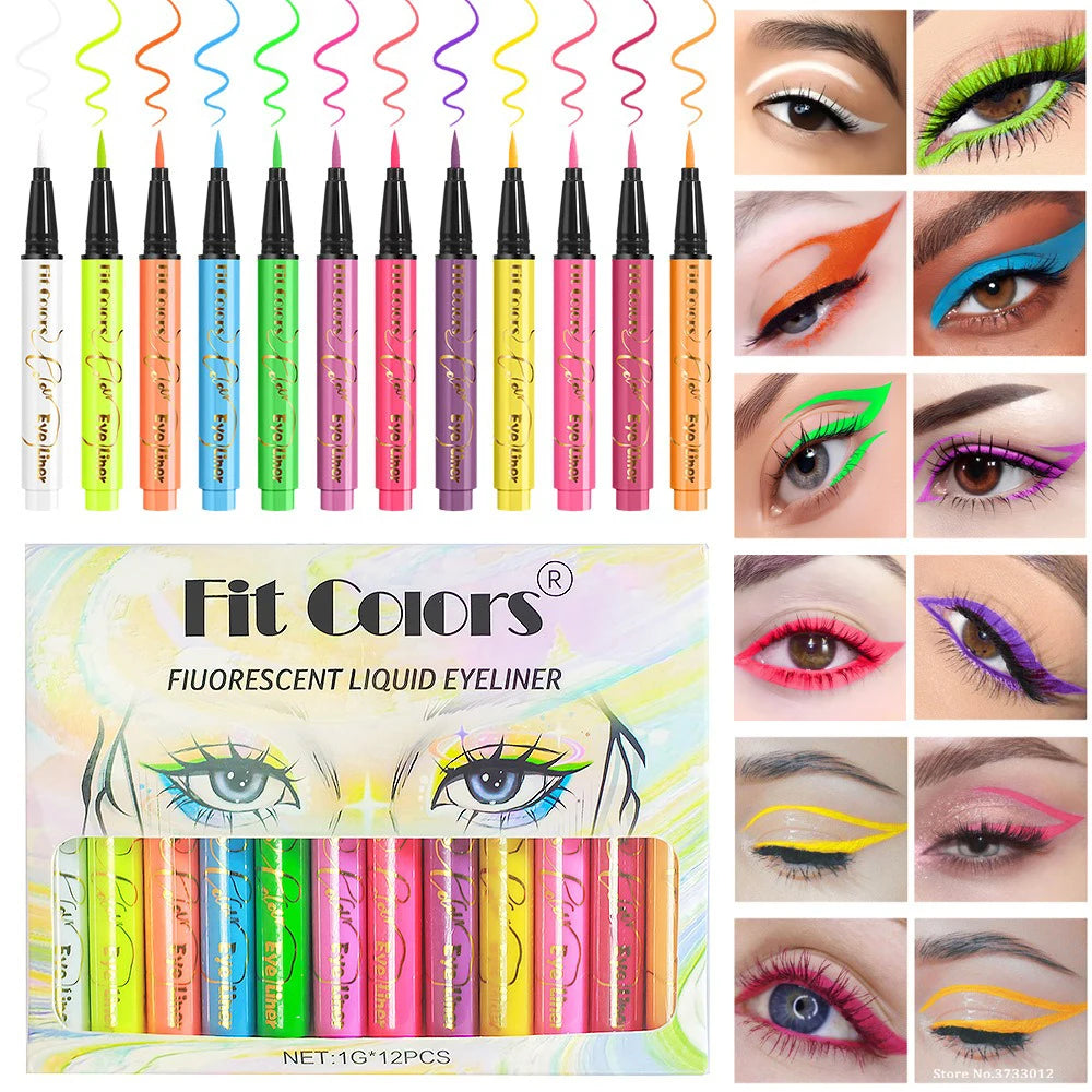 12Colors Liquid Eyeliner Neon Colored Halloween Liner Eyeliner Pen Waterproof UV Blacklight Fluorescent Face Body Paint Makeup