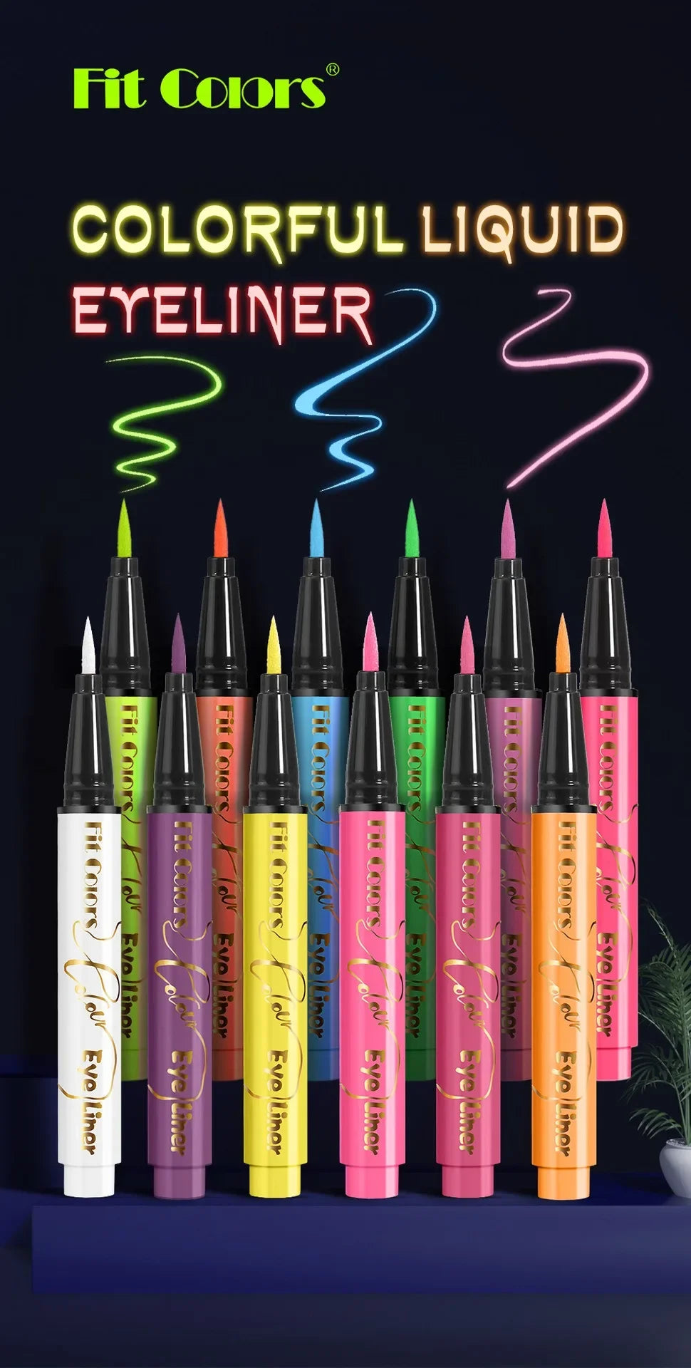 12Colors Liquid Eyeliner Neon Colored Halloween Liner Eyeliner Pen Waterproof UV Blacklight Fluorescent Face Body Paint Makeup