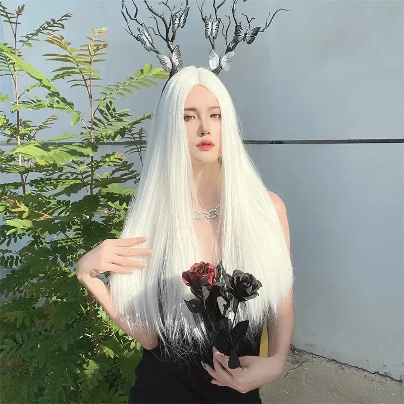 Wig for Women European and American White Long Straight Hair Synthetic Material Chemical Fiber Headgear Medium Hair Lolita Wig