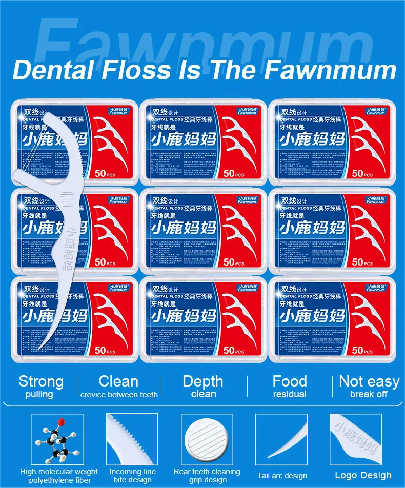 Fawnmum 50/100pcs Double Line Dental Floss Toothpicks Fresh Breath Dental Flosser Disposable Floss Stick For Oral Care