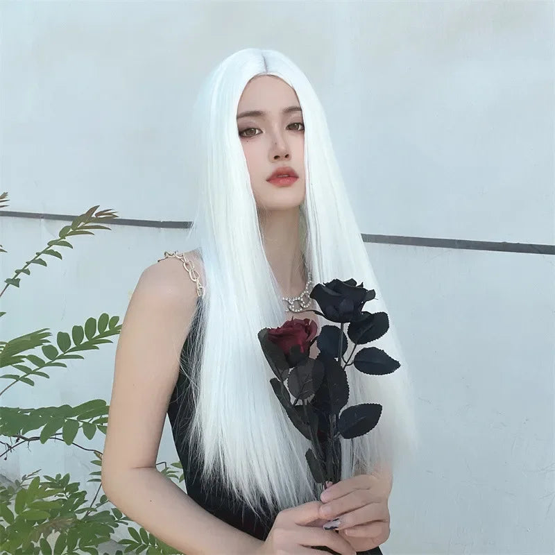 Wig for Women European and American White Long Straight Hair Synthetic Material Chemical Fiber Headgear Medium Hair Lolita Wig